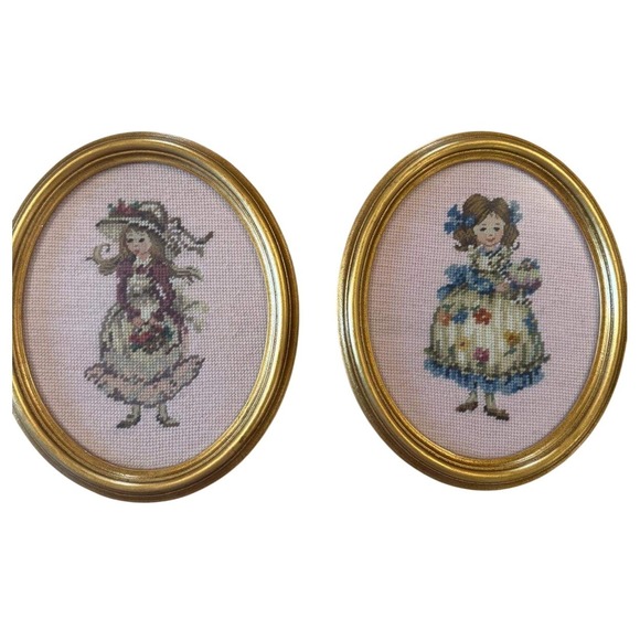 Other - Vintage Oval Gold Framed Needlepoint Art Pair Victorian Girls Marjane Davant